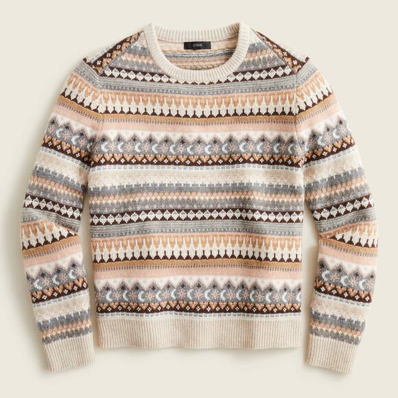J. Crew Sweaters - J CREW Fair Isle Cropped Crewneck Sweater Womens XS Cream Gray Brown Wool Blend